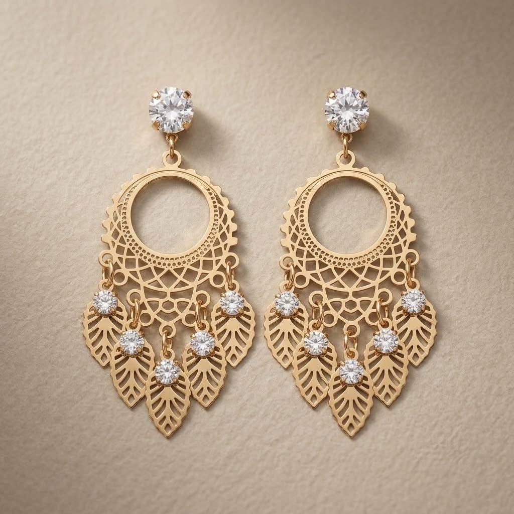 Vintage Mandala Filigree Dangle Earrings with Crystal Studs