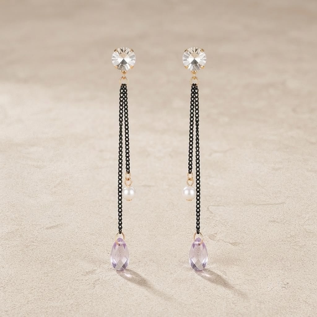 Crystal Round Stud Black Box-Chain Chandelier Earrings