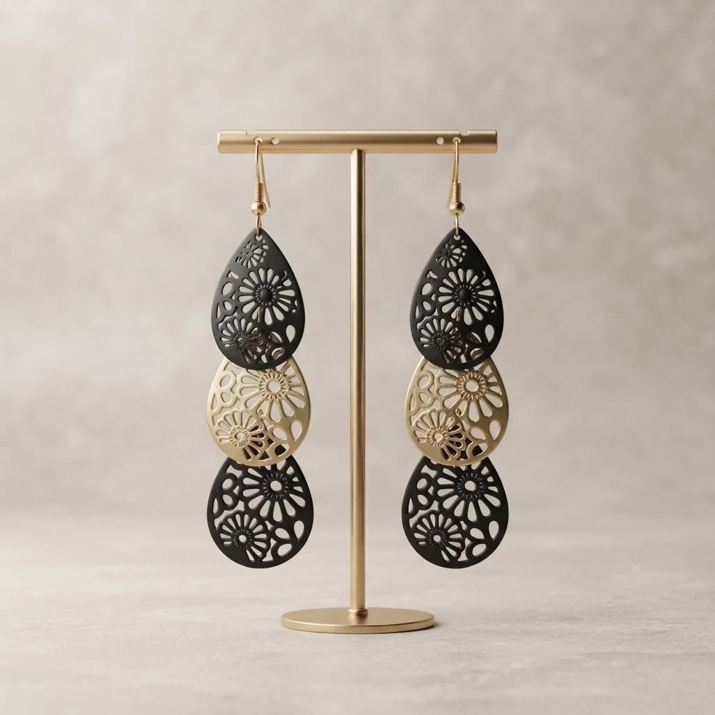 Boho-chic, three-tiered teardrop statement earrings
