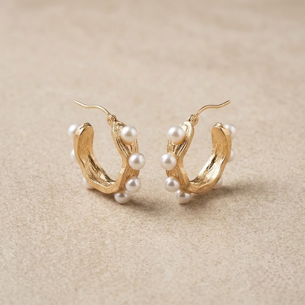 Molten-textured gold hoop earrings studded with pearls