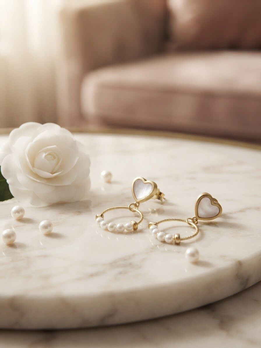 Heart Charm Pearl Hoop Earrings