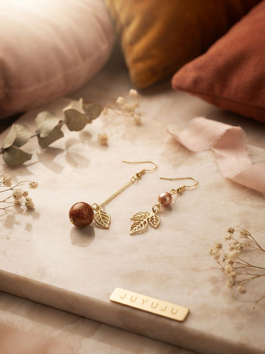 Asymmetrical Leaf and Bead Drop Earrings