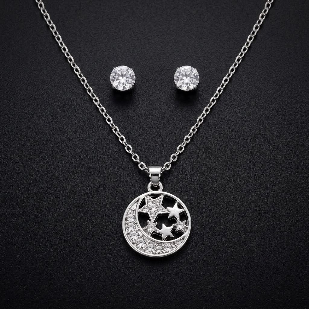 Celestial Moon & Star Necklace and Stud Earring Set
