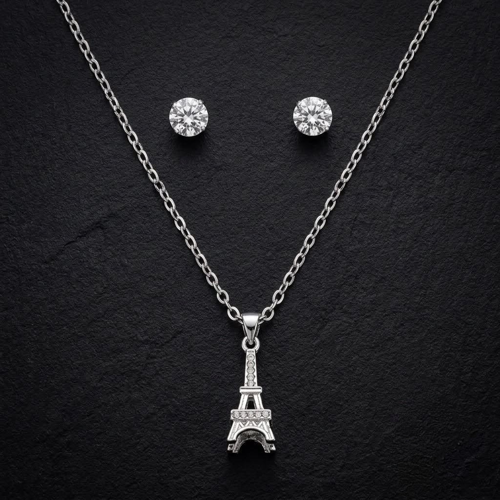 Eiffel Tower Pendant Necklace and Stud Earring Set