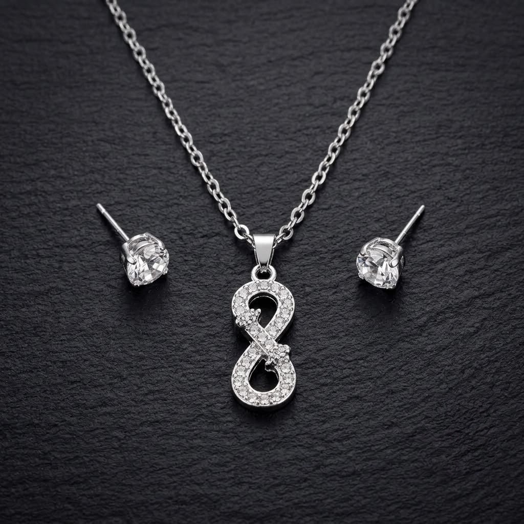 Infinity Pendant Necklace and Heart Stud Earring Set