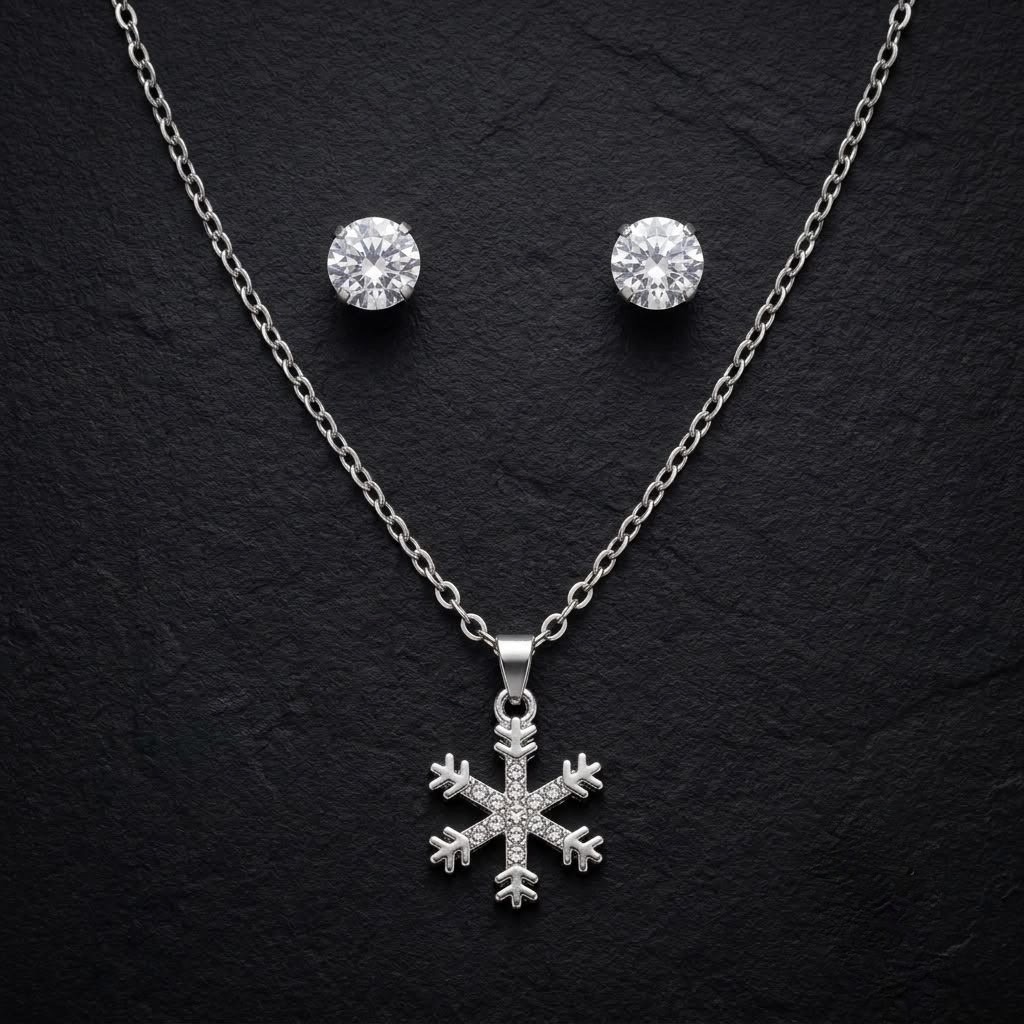 Snowflake Pendant Necklace and Stud Earring Set