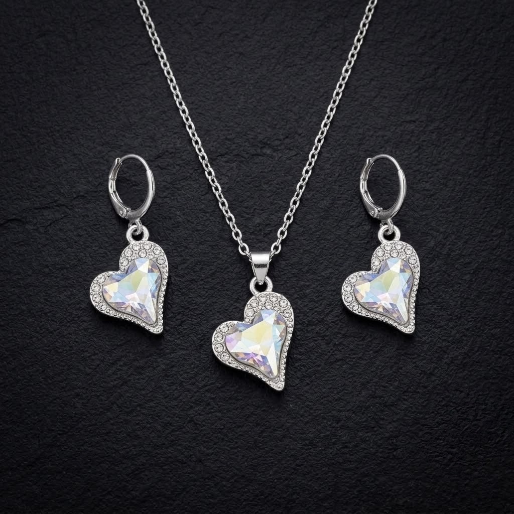 Asymmetric Crystal Heart Necklace and Huggie Hoop Earring Set