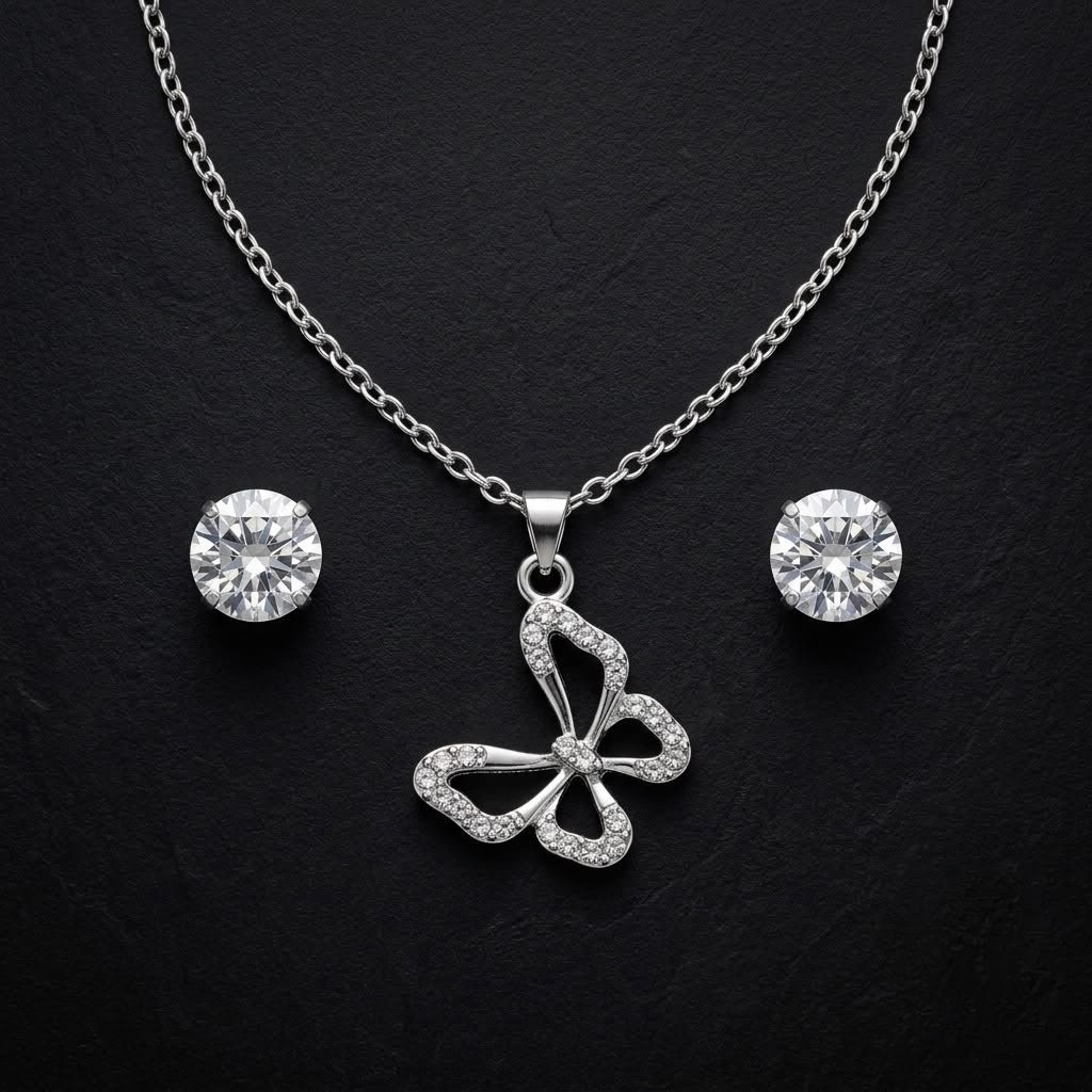 Pave Butterfly Pendant Necklace and Stud Earring Set