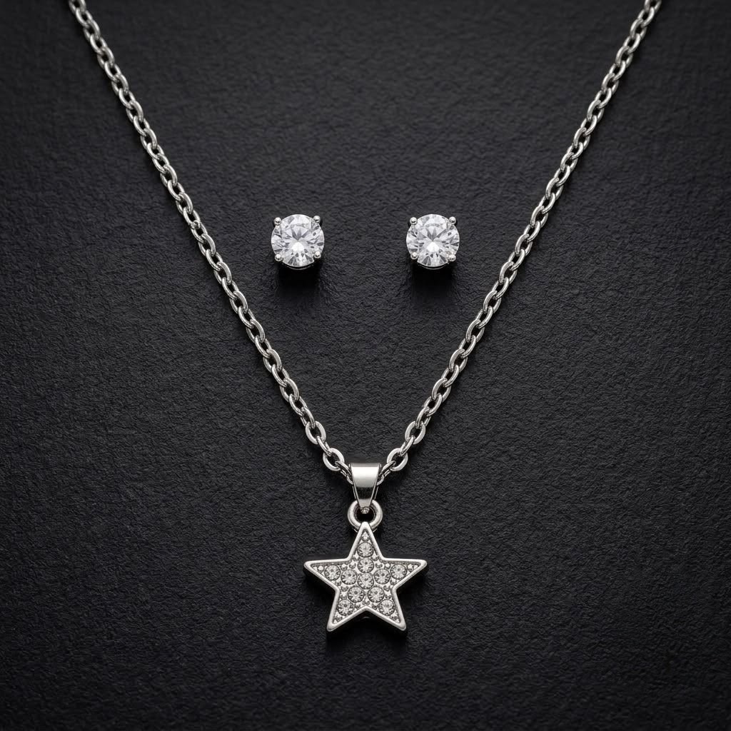 Pave Star Pendant Necklace and Stud Earring Set