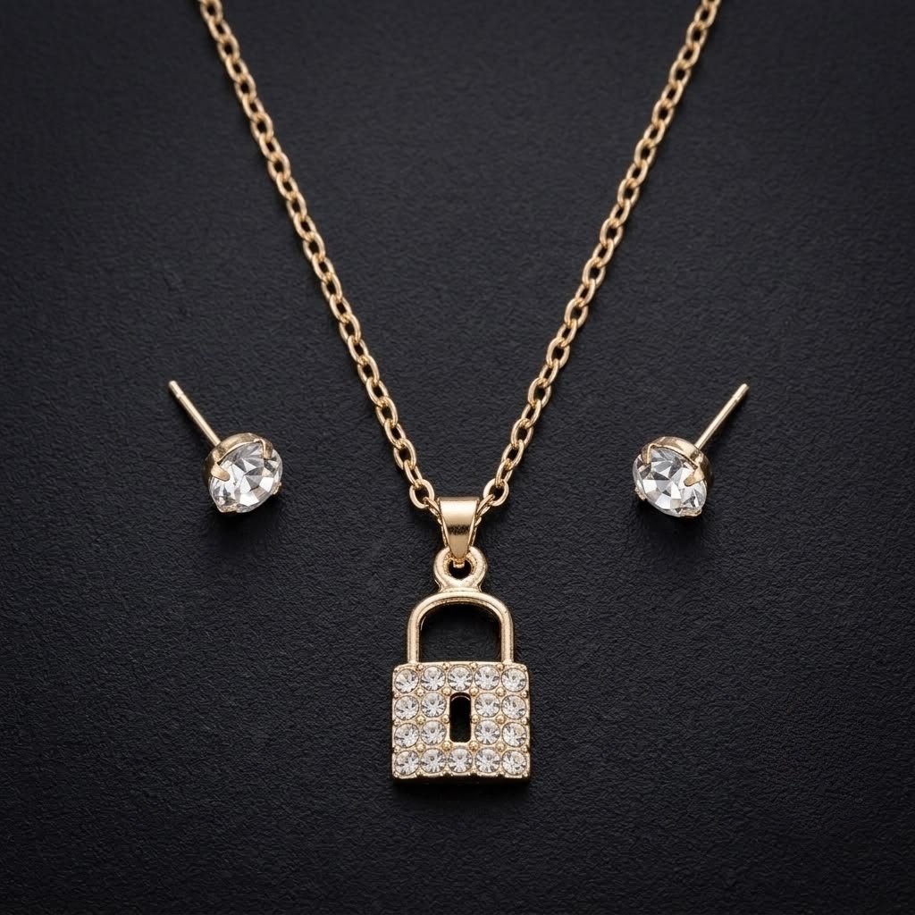 Pave Padlock Pendant Necklace and Stud Earring Set