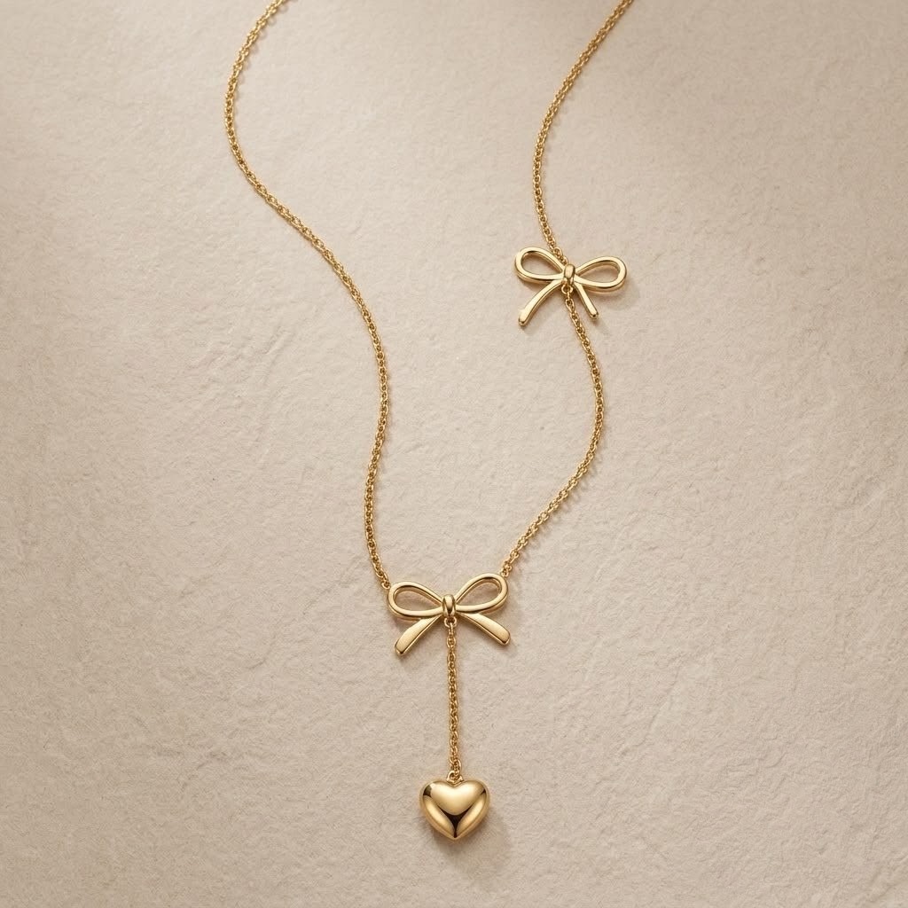 Gold Ribbon-Puffy Heart Drop Necklace